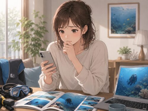 ダイビングに申し込む前から不安そうにスマホを見て悩んでいる女性