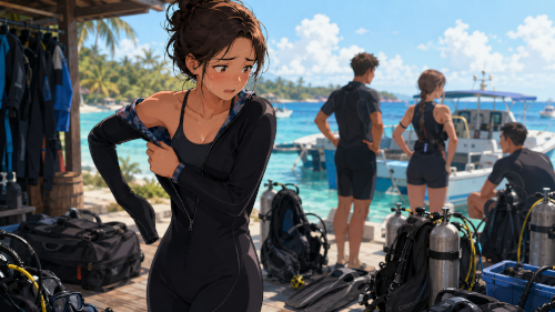 他の人を待たせているかもと焦りながらウェットスーツを着ようとしている女性