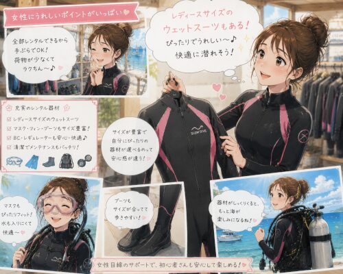 レディースサイズのウェットスーツがあり安心している女性ダイバー