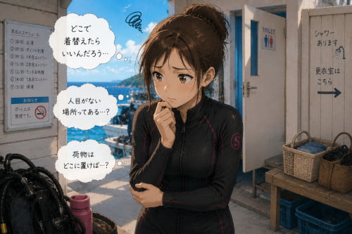 着替える場所や荷物の置き場が気になって不安そうな女性ダイバー