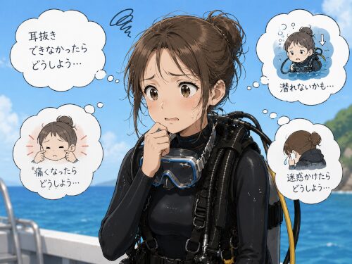 耳抜きできなかったらどうしようと不安になってる女性ダイバーのイラスト