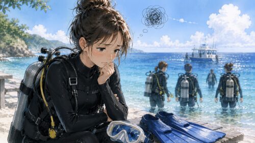 自分だけうまく潜れず周りに迷惑をかけそうで不安になっている初心者女性ダイバー