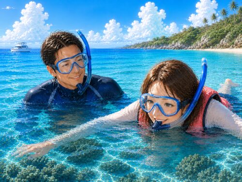 穏やかなバリ島の海で、笑顔でシュノーケリングを楽しむ女性と、安心して見守る男性のイラスト