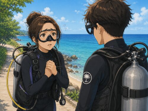 バリ島の体験ダイビングで不安そうな表情を見せる初心者女性ダイバーをガイドが見守る様子