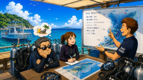 ダイビングブリーフィングを聞いていないダイバーと説明するガイドのイラスト