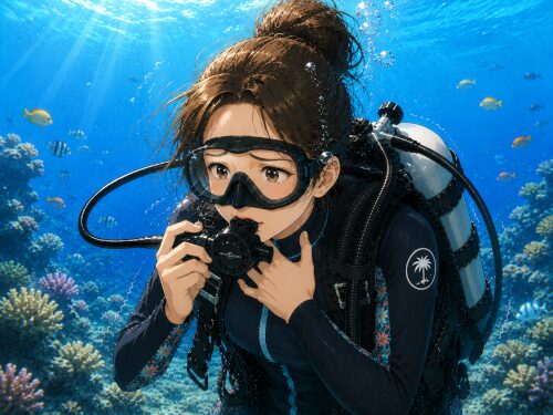 バリ島で体験ダイビング中に息が吐けず苦しそうな表情になっている初心者女性ダイバー