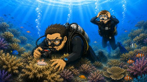 サンゴの近くで写真撮影するダイバーと困るガイドのイラスト