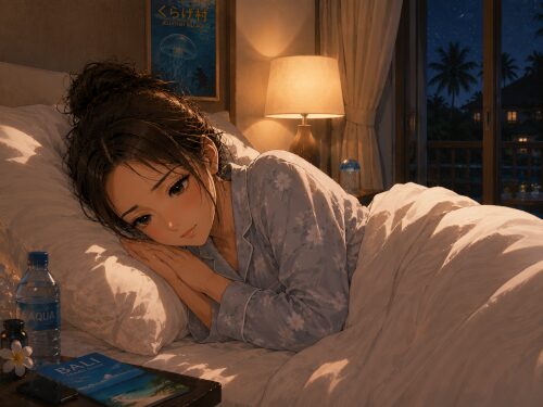 バリ島のホテルの部屋で体験ダイビング前日に早めに寝ようとしている女性