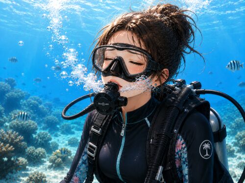 バリ島で体験ダイビング中に目を閉じてゆっくり息を吐きながら呼吸を整える女性ダイバー