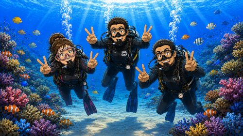 ガイドとダイバーが楽しく安全にダイビングを楽しんでいるイラスト
