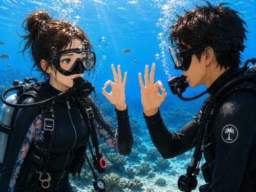 バリ島でダイビング中に女性ダイバーとガイドが水中でOKサインを確認して安心する様子
