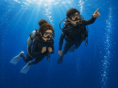 バリ島の深い海の中層でガイドと一緒に泳ぎながら不安そうに下を見る初心者女性ダイバー