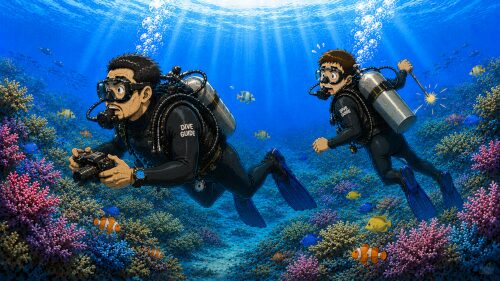 ガイドの合図に気付かず泳いでいくダイバーのイラスト