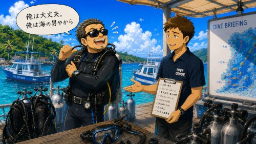 自信満々なダイバーと苦笑いするダイビングガイドのイラスト