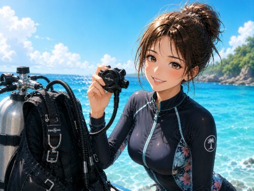 バリ島の体験ダイビングでレギュレーター呼吸の説明を聞く女性ダイバー
