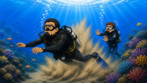 砂を巻き上げながら泳ぐダイバーと困るガイドのイラスト
