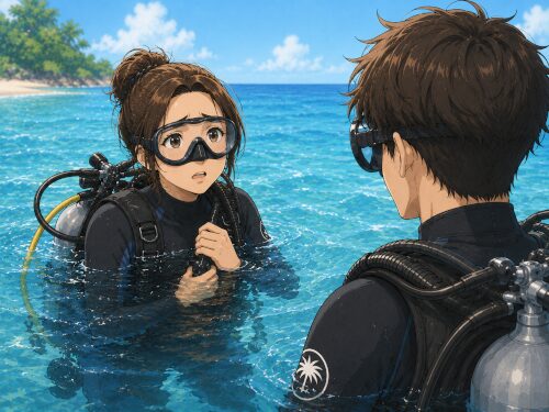 バリ島の体験ダイビングで水面に浮かびながらガイドに不安を伝える初心者女性ダイバー