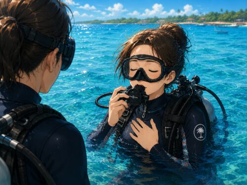 バリ島のダイビングでガイドが見守る中、水面でレギュレーターを手に持って深呼吸する初心者女性ダイバー