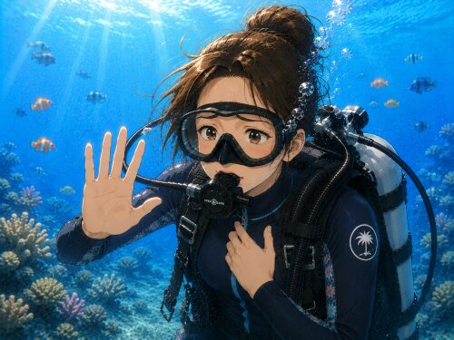 バリ島のダイビング中に不安を感じて水中で待ってのハンドシグナルを出す初心者女性ダイバー