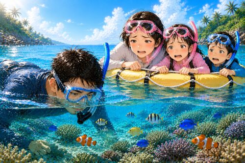 バリ島の海で、お父さんだけシュノーケリングを楽しみ、お母さんと子どもたちがフロートに掴まって不安そうにしているイラスト