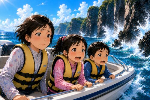 断崖に波が当たる海をスピードボートから見て、不安そうな表情をしているお母さんと小学生の子どもたち