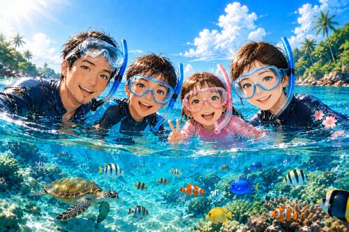 バリ島の透明な海で、日本人家族がお子様と一緒に楽しそうにシュノーケリングをしているイラスト