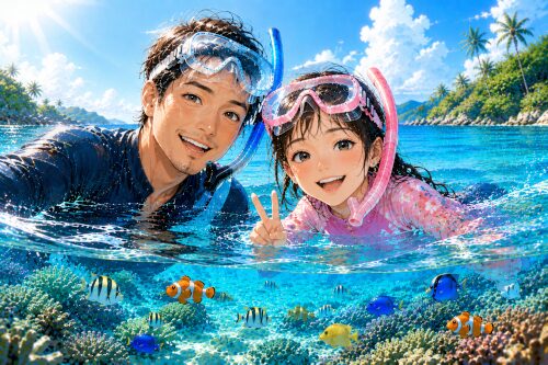 バリ島の透明な海で、40代のお父さんと小学5年生の娘さんが楽しそうにシュノーケリングをしているイラスト