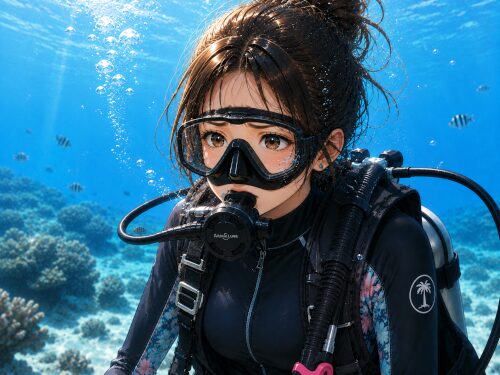 バリ島で初めての体験ダイビング中にレギュレーター呼吸が苦しく感じて不安そうな女性ダイバー