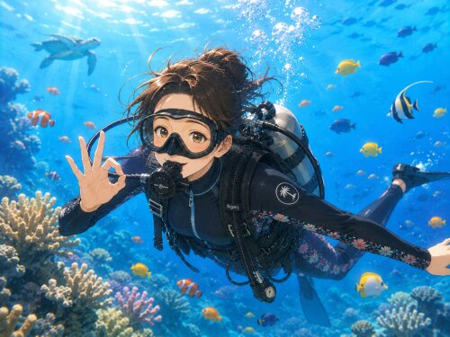 バリ島で初めての体験ダイビングを楽しみながら水中でOKサインを出す女性ダイバー