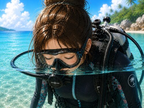 バリ島の足が届く浅瀬でレギュレーター呼吸の練習をする初心者女性ダイバー