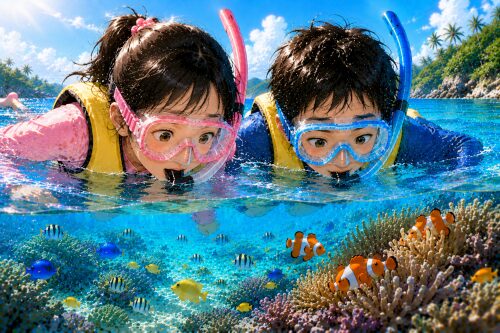 バリ島の透明な海で、小学生の姉弟がマスクとシュノーケルをつけてクマノミを見ながらシュノーケリングを楽しむイラスト