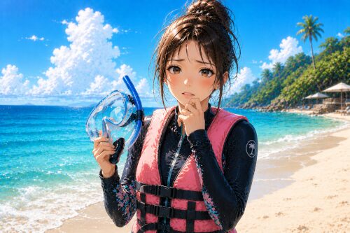 バリ島のビーチで、シュノーケリング前にマスクを持って不安そうな表情をしている初心者の女性
