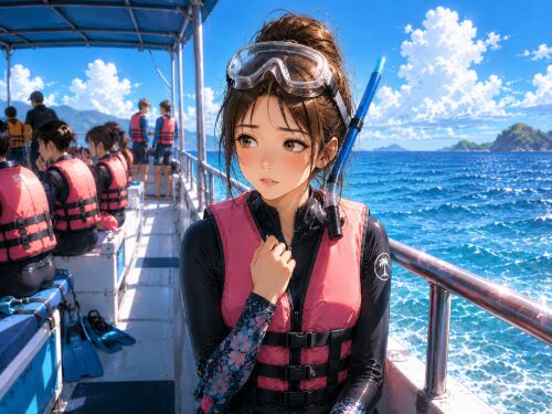 バリ島のボート上で、海に入るのが怖くても相談できず不安そうな表情をしている女性シュノーケラー