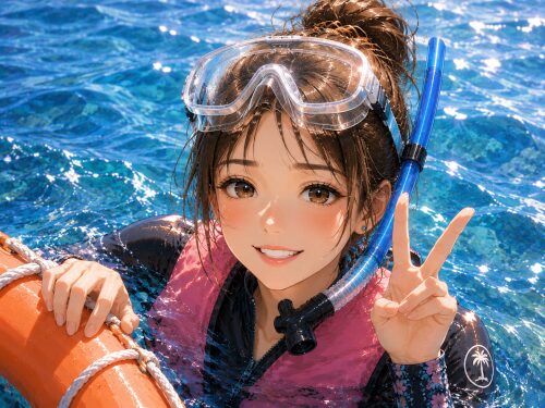 バリ島の海で、フロートに片手で掴まりながら笑顔でピースをする初心者の女性シュノーケラー