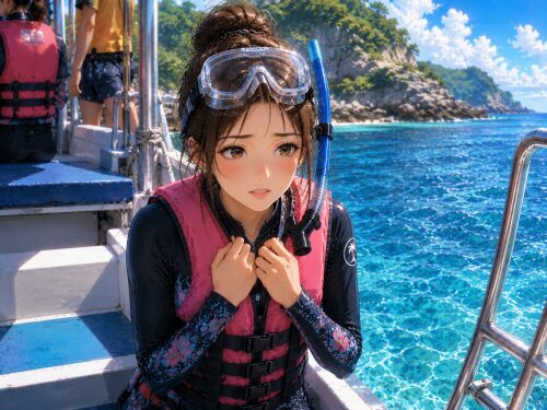 バリ島のボート上で、海に入るのが怖くて不安そうな表情をしている女性シュノーケラー