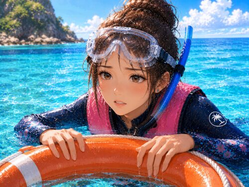 バリ島の海で、両手でフロートに掴まりながら少し不安そうな表情をしている女性シュノーケラー