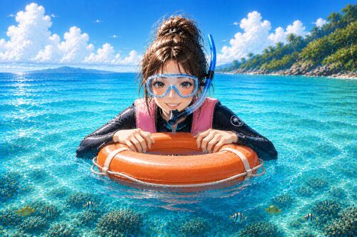 バリ島の海で、オレンジ色の浮き輪に掴まりながら安心してシュノーケリングを楽しむ女性