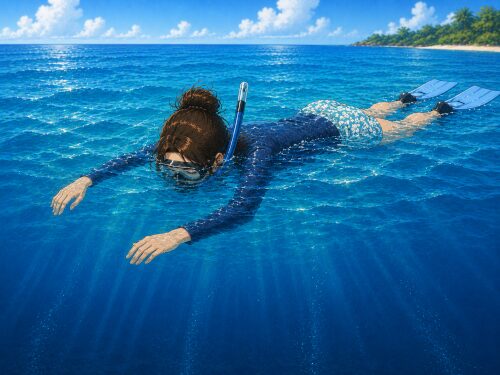 バリ島の深い海で水面に顔をつけてリラックスしながら浮かぶ女性シュノーケラー