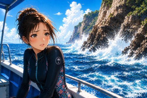 断崖に波が当たる海をボートから見て、不安そうな表情をしているウェットスーツ姿の女性