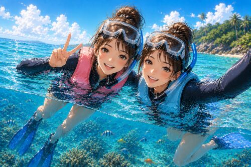 バリ島の海で、笑顔でシュノーケリングを楽しむ2人の女性シュノーケラー