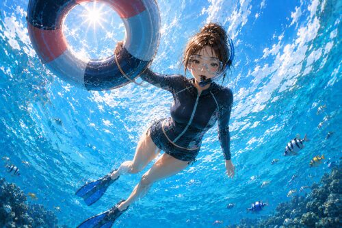 タイヤ型フロートに掴まり、マスクとシュノーケルをつけて水面に浮かぶ女性シュノーケラーを水中から見上げたイラスト