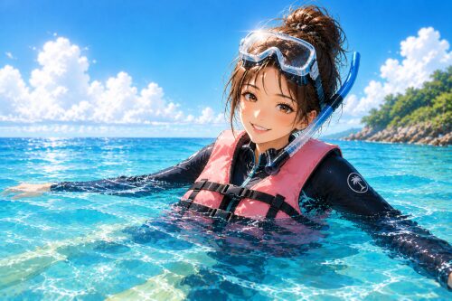 バリ島の穏やかな海で、ウェットスーツとライフジャケットを着て安心して浮かぶ女性シュノーケラー