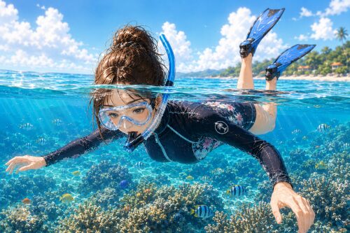 バリ島の透明な海で、マスクとシュノーケルをつけて水中を眺めながらシュノーケリングを楽しむ女性