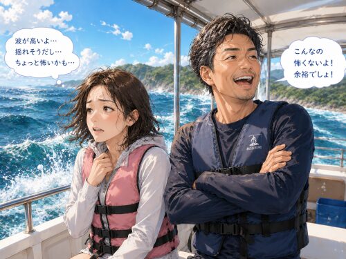 波のある海を見て怖がる女性と、怖くないと余裕そうにしている男性のボート上のイラスト