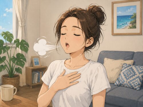 自宅で胸に手を当てながら大きく息を吐く呼吸練習をする女性