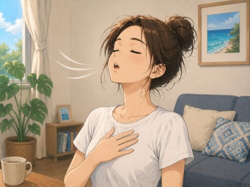 自宅で胸に手を当てながら大きく息を吸う呼吸練習をする女性