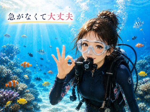 明るい海の中で女性ダイバーがOKサインを出し、急がなくて大丈夫という安心感を伝えるイラスト