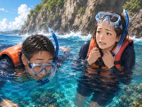 断崖近くの波がある海で、シュノーケリングを楽しむ男性と、水面で怖がっている女性のイラスト