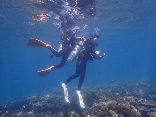 バリ島の体験ダイビングで浅いところからゆっくり慣れていく女性ダイバー
