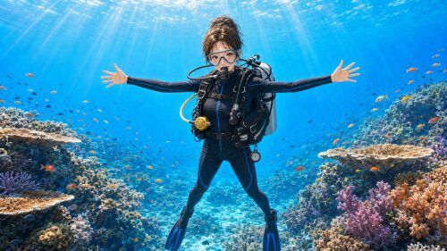 バリ島の海でカメラに向かって両手を大きく広げる女性ダイバー